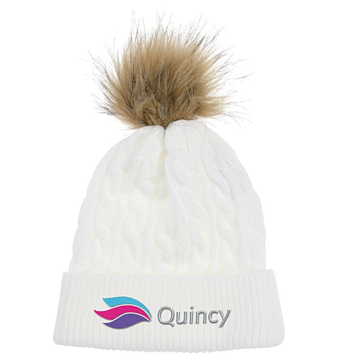 Custom Cable Knit Beanie with Faux Fur Pom Pom
