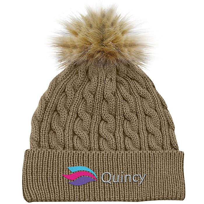 Custom Cable Knit Beanie with Faux Fur Pom Pom - 24 hr